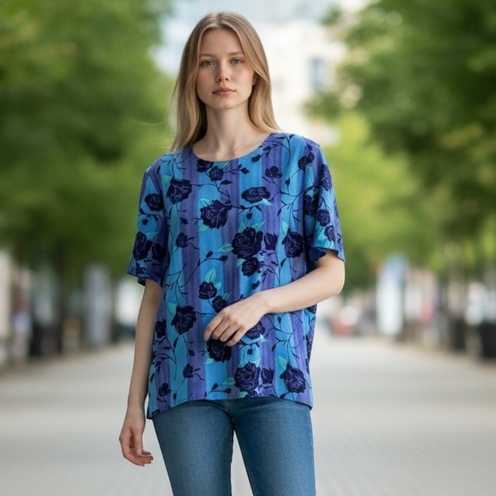 Michele Michelle Blouse‎ Womens 12 Blue Floral Stripe Vintage Short Sleeve Top